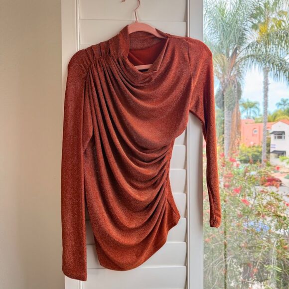 ChicWish Lurex Draped Asymmetrical Long Sleeve Top in Metallic Orange size Large - Picture 5 of 10